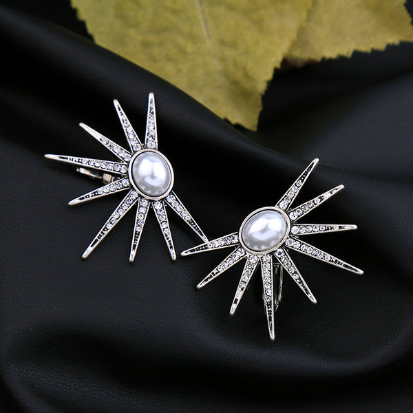 TESSLA - Silver Pearl Studded Sun Clip Earrings