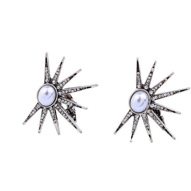TESSLA - Silver Pearl Studded Sun Clip Earrings